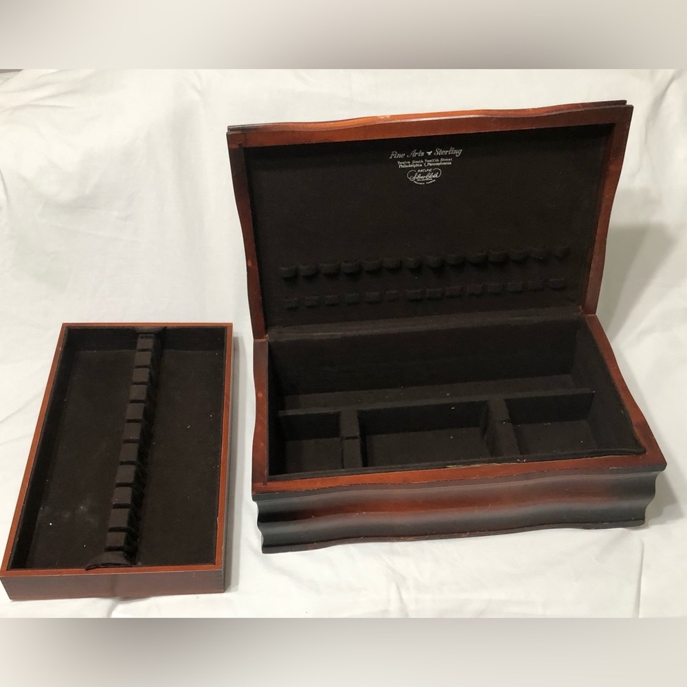 Vintage Wooden Jewelry Box with Brown Velvet Interior.20”LX12”W - Picture 2 of 6